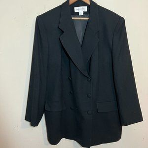 VTG 80s  Big Shoulders Double Breasted Long Wool Crepe Blazer Jacket Jones NY